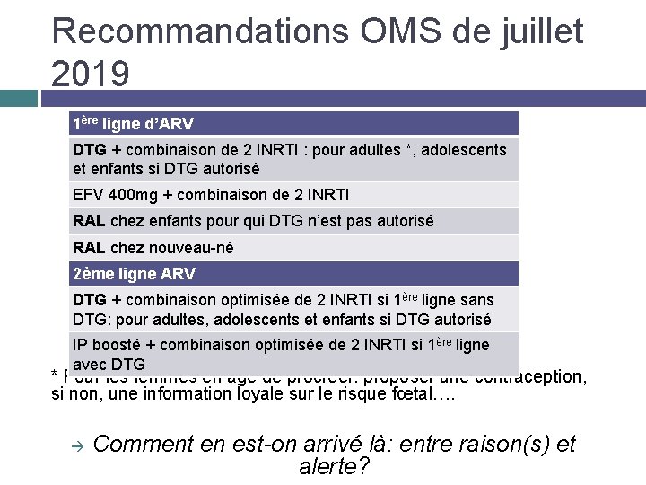 Recommandations OMS de juillet 2019 1ère ligne d’ARV DTG + combinaison de 2 INRTI