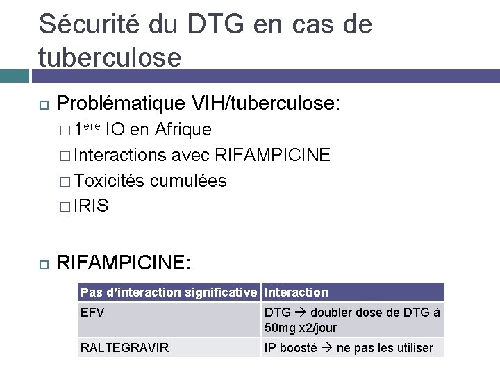 Sécurité du DTG en cas de tuberculose Problématique VIH/tuberculose: � 1ère IO en Afrique