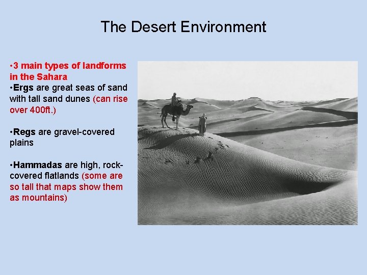 The Desert Environment • 3 main types of landforms in the Sahara • Ergs