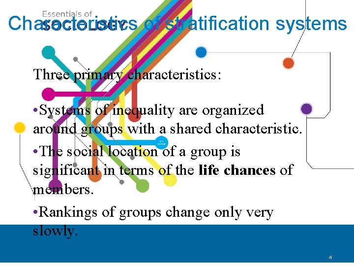 Characteristics of stratification systems Three primary characteristics: • Systems of inequality are organized around