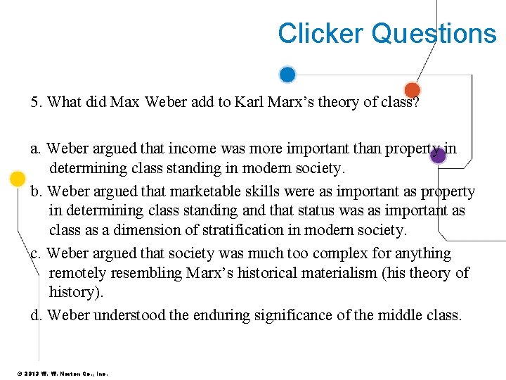 Clicker Questions 5. What did Max Weber add to Karl Marx’s theory of class?