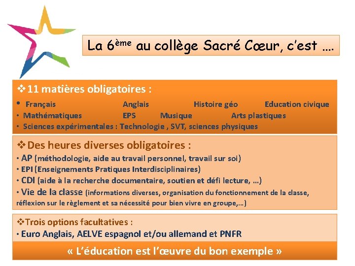 La 6ème au collège Sacré Cœur, c’est …. v 11 matières obligatoires : •