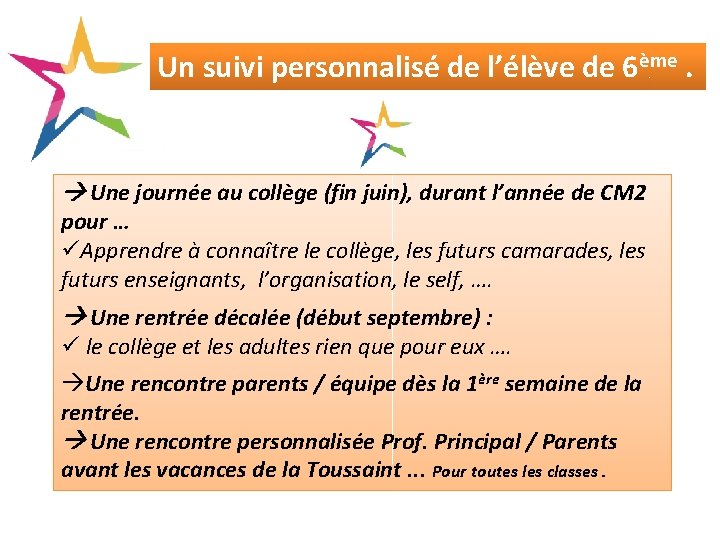 Un suivi personnalisé de l’élève de 6ème. Une journée au collège (fin juin), durant