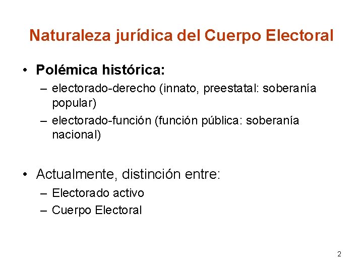 Naturaleza jurídica del Cuerpo Electoral • Polémica histórica: – electorado-derecho (innato, preestatal: soberanía popular)