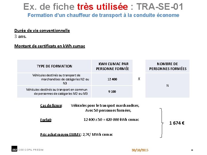 Ex. de fiche très utilisée : TRA-SE-01 Formation d’un chauffeur de transport à la