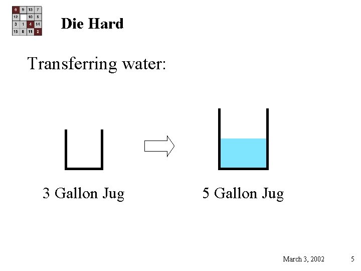 Die Hard Transferring water: 3 Gallon Jug 5 Gallon Jug March 3, 2002 5