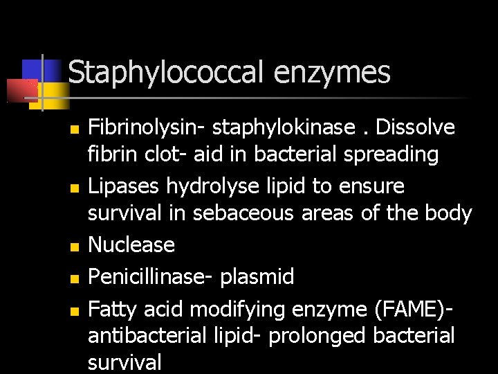 Staphylococcal enzymes Fibrinolysin- staphylokinase. Dissolve fibrin clot- aid in bacterial spreading Lipases hydrolyse lipid