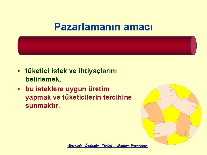 Pazarlamanın amacı • tüketici istek ve ihtiyaçlarını belirlemek, • bu isteklere uygun üretim yapmak