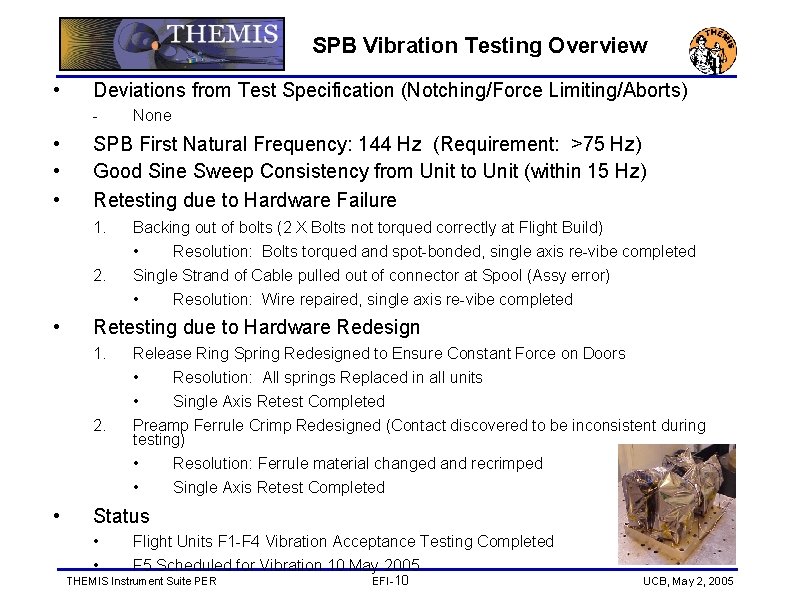 SPB Vibration Testing Overview • Deviations from Test Specification (Notching/Force Limiting/Aborts) - • •
