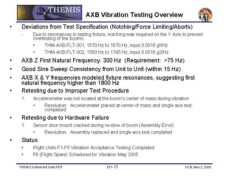 AXB Vibration Testing Overview • Deviations from Test Specification (Notching/Force Limiting/Aborts) - • •