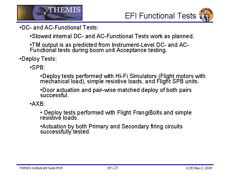 EFI Functional Tests • DC- and AC-Functional Tests: • Stowed internal DC- and AC-Functional