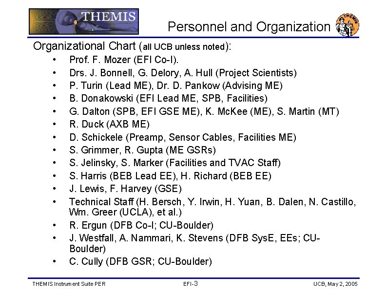 Personnel and Organizational Chart (all UCB unless noted): • • • • Prof. F.