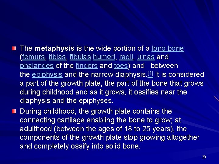 The metaphysis is the wide portion of a long bone (femurs, tibias, fibulas humeri,