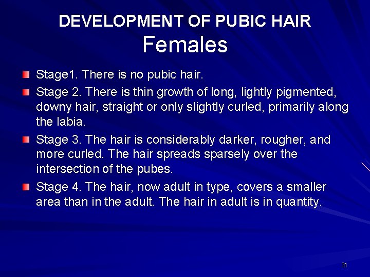 DEVELOPMENT OF PUBIC HAIR Females Stage 1. There is no pubic hair. Stage 2.