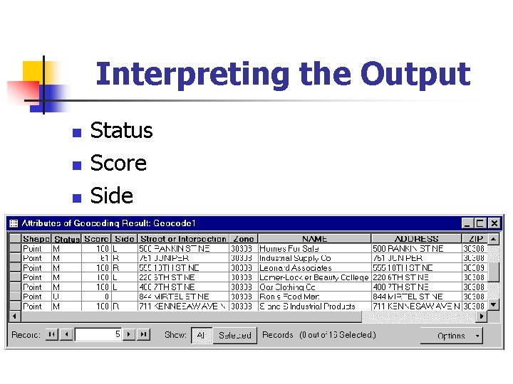 Interpreting the Output n n n Status Score Side 