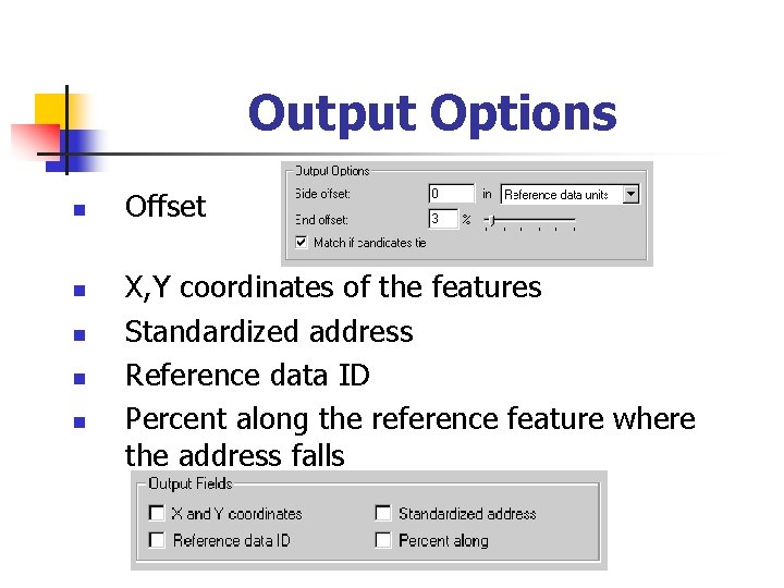 Output Options n n n Offset X, Y coordinates of the features Standardized address