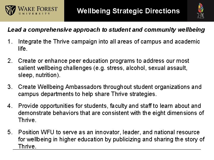 Wellbeing Strategic Directions Lead a comprehensive approach to student and community wellbeing 1. Integrate