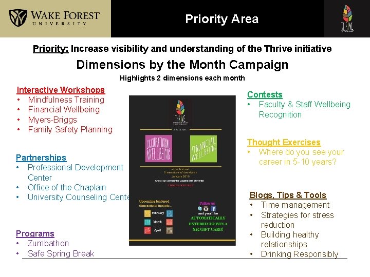 Priority Area Priority: Increase visibility and understanding of the Thrive initiative Dimensions by the