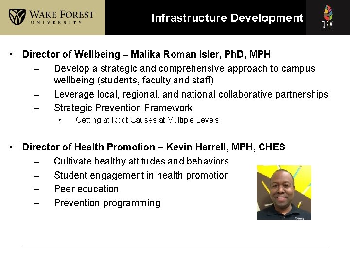 Infrastructure Development • Director of Wellbeing – Malika Roman Isler, Ph. D, MPH –