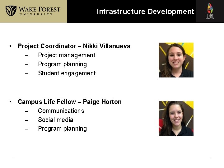 Infrastructure Development • Project Coordinator – Nikki Villanueva – Project management – Program planning