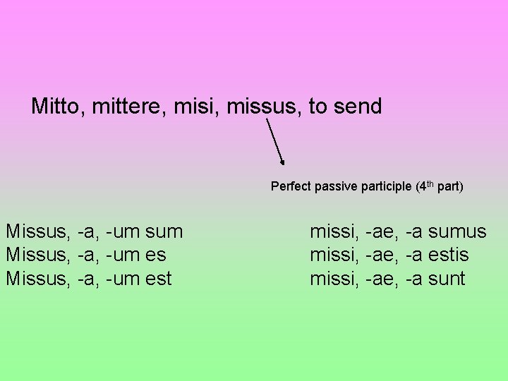 Mitto, mittere, misi, missus, to send Perfect passive participle (4 th part) Missus, -a,