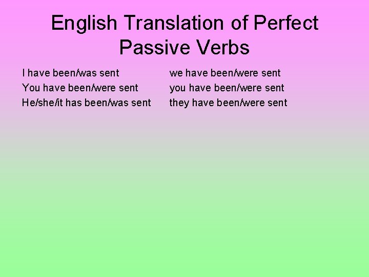 English Translation of Perfect Passive Verbs I have been/was sent You have been/were sent