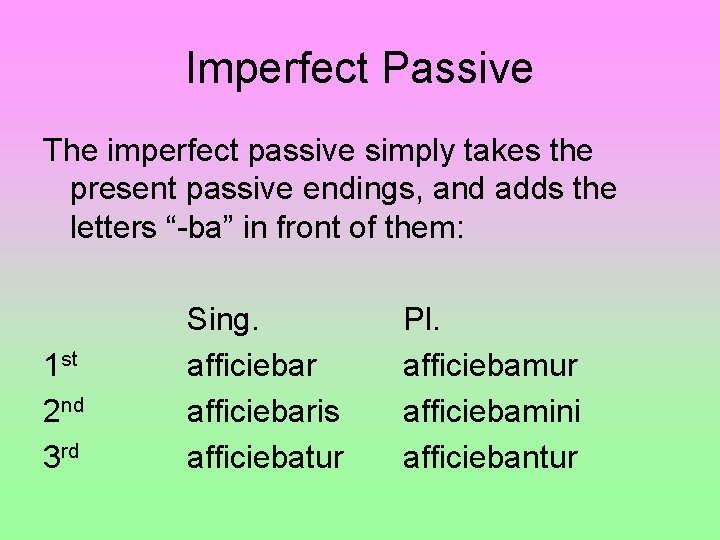 Imperfect Passive The imperfect passive simply takes the present passive endings, and adds the