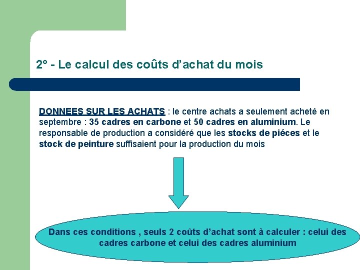 2° - Le calcul des coûts d’achat du mois DONNEES SUR LES ACHATS :