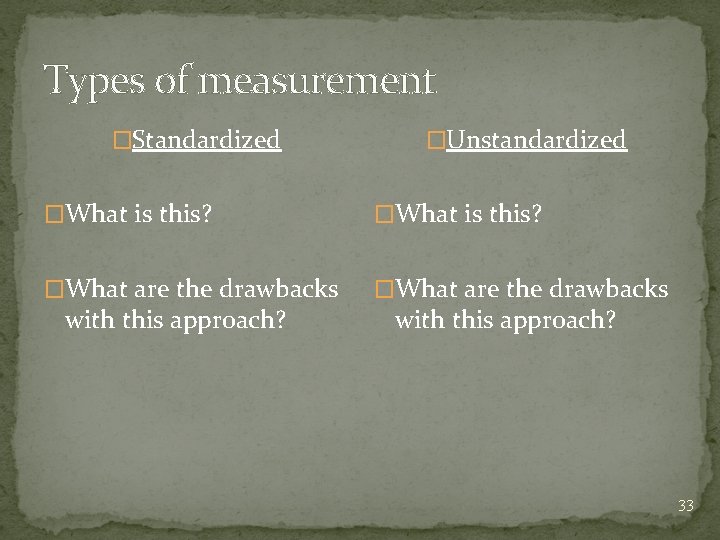 Types of measurement �Standardized �Unstandardized �What is this? �What are the drawbacks with this