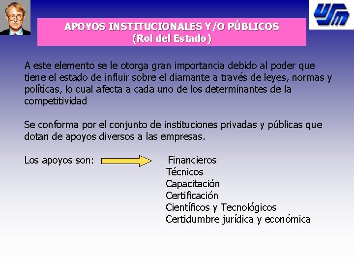 APOYOS INSTITUCIONALES Y/O PÚBLICOS (Rol del Estado) A este elemento se le otorga gran