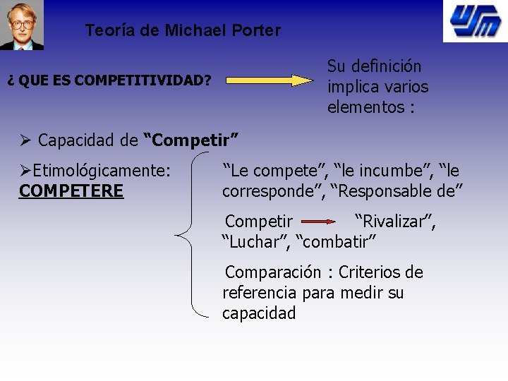 Teoría de Michael Porter Su definición implica varios elementos : ¿ QUE ES COMPETITIVIDAD?