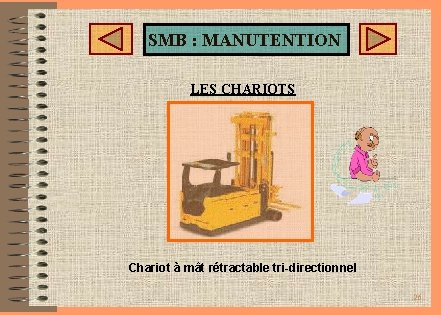 SMB : MANUTENTION LES CHARIOTS Chariot à mât rétractable tri-directionnel 26 SMB : MANUTENTION LES CHARIOTS Chariot à mât rétractable tri-directionnel 26
