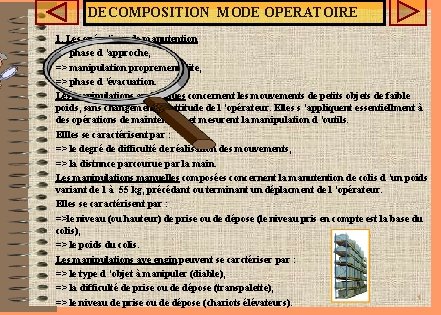 DECOMPOSITION MODE OPERATOIRE 1. Les opérations de manutention => phase d ’approche, => manipulation DECOMPOSITION MODE OPERATOIRE 1. Les opérations de manutention => phase d ’approche, => manipulation