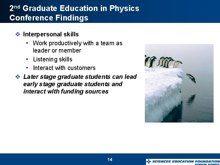 2 nd Graduate Education in Physics Conference Findings v Interpersonal skills • Work productively