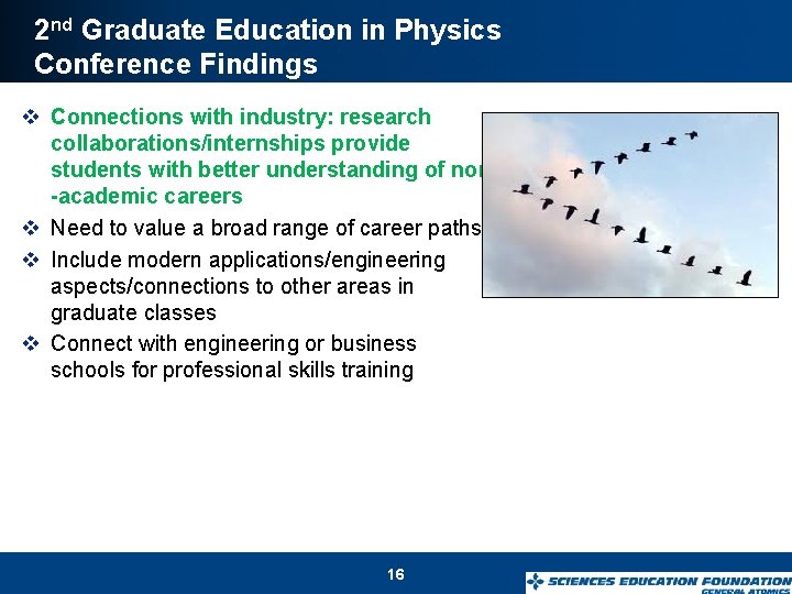 2 nd Graduate Education in Physics Conference Findings v Connections with industry: research collaborations/internships