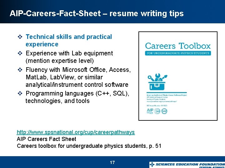 AIP-Careers-Fact-Sheet – resume writing tips v Technical skills and practical experience v Experience with