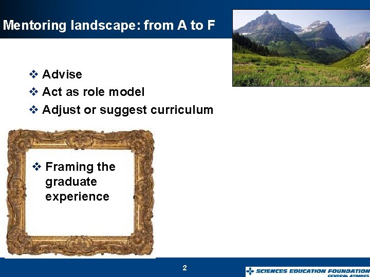 Mentoring landscape: from A to F v Advise v Act as role model v