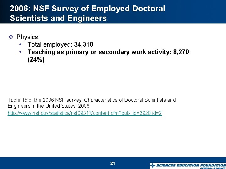 2006: NSF Survey of Employed Doctoral Scientists and Engineers v Physics: • Total employed: