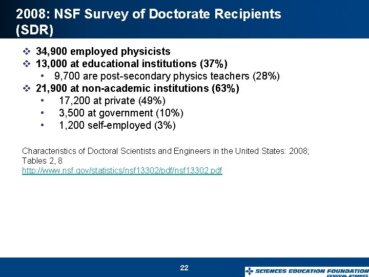 2008: NSF Survey of Doctorate Recipients (SDR) v 34, 900 employed physicists v 13,
