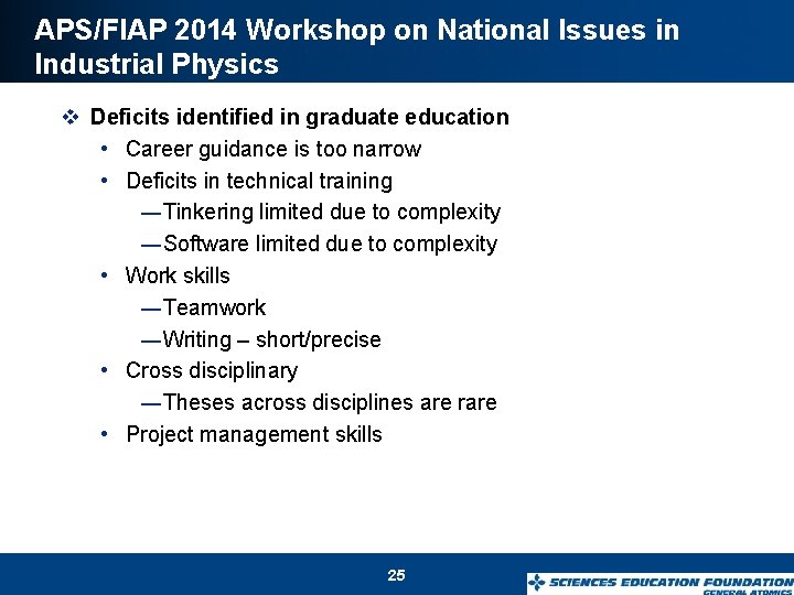 APS/FIAP 2014 Workshop on National Issues in Industrial Physics v Deficits identified in graduate