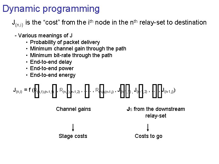 Dynamic programming J(n, i) is the “cost” from the ith node in the nth