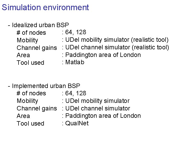 Simulation environment - Idealized urban BSP : 64, 128 # of nodes : UDel