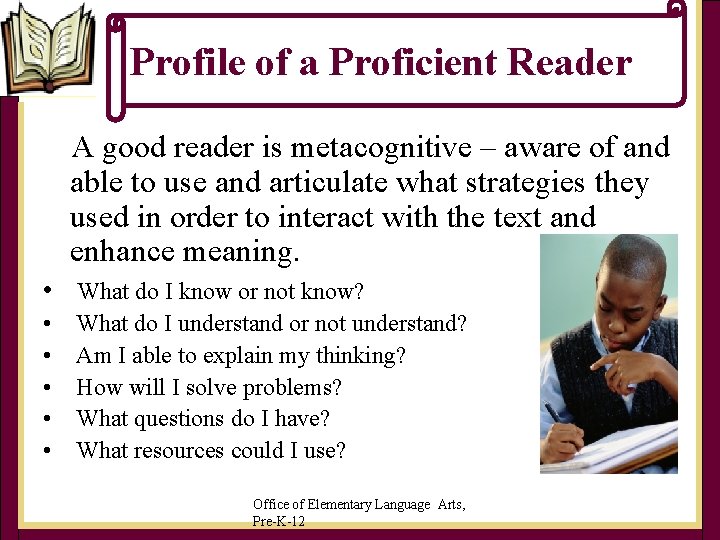Profile of a Proficient Reader A good reader is metacognitive – aware of and Profile of a Proficient Reader A good reader is metacognitive – aware of and