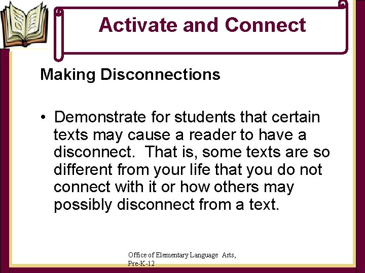 Activate and Connect Making Disconnections • Demonstrate for students that certain texts may cause Activate and Connect Making Disconnections • Demonstrate for students that certain texts may cause