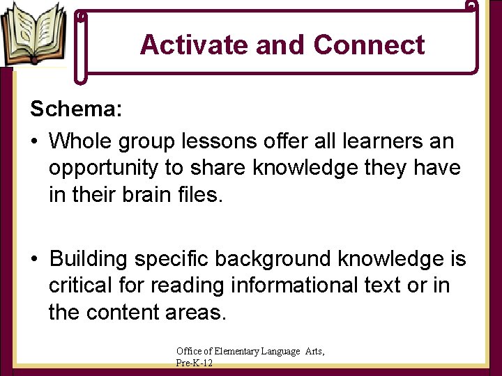 Activate and Connect Schema: • Whole group lessons offer all learners an opportunity to Activate and Connect Schema: • Whole group lessons offer all learners an opportunity to