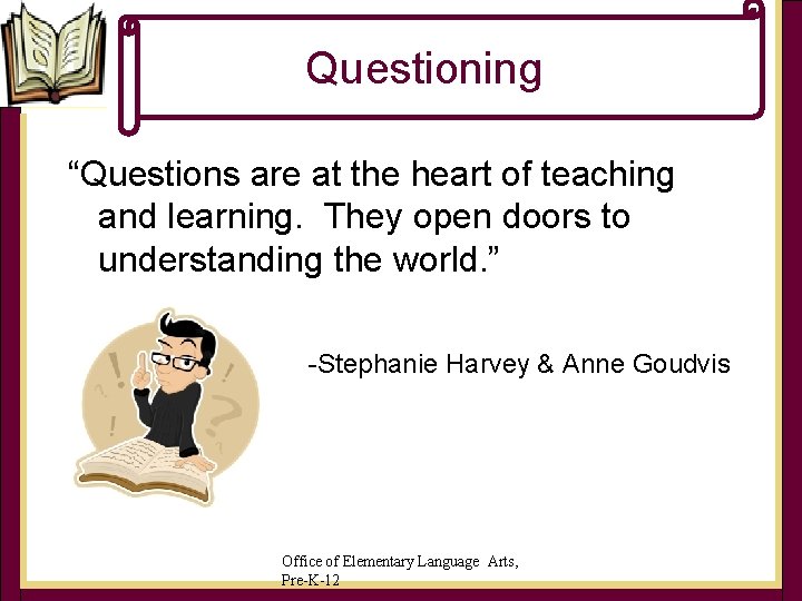 Questioning “Questions are at the heart of teaching and learning. They open doors to Questioning “Questions are at the heart of teaching and learning. They open doors to