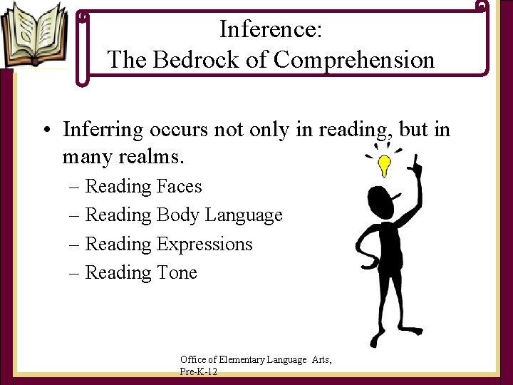 Inference: The Bedrock of Comprehension • Inferring occurs not only in reading, but in Inference: The Bedrock of Comprehension • Inferring occurs not only in reading, but in