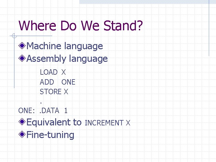 Where Do We Stand? Machine language Assembly language LOAD X ADD ONE STORE X. Where Do We Stand? Machine language Assembly language LOAD X ADD ONE STORE X.