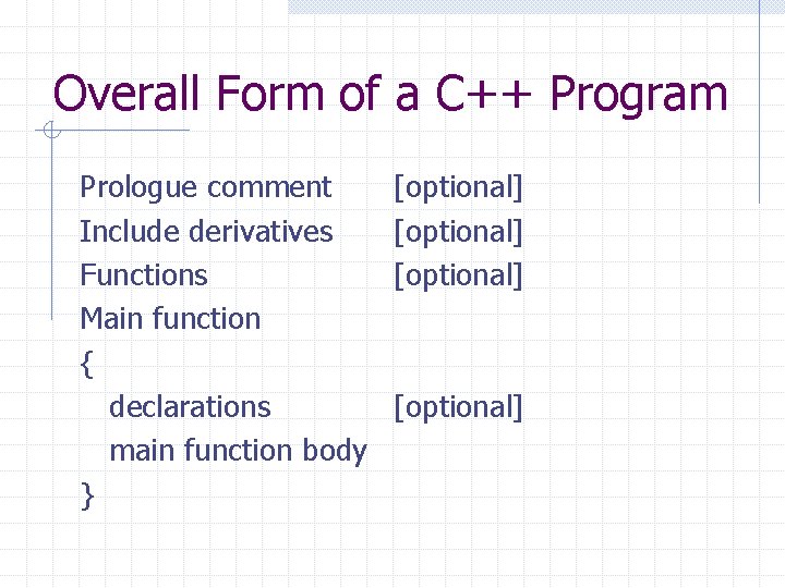 Overall Form of a C++ Program Prologue comment Include derivatives Functions Main function { Overall Form of a C++ Program Prologue comment Include derivatives Functions Main function {