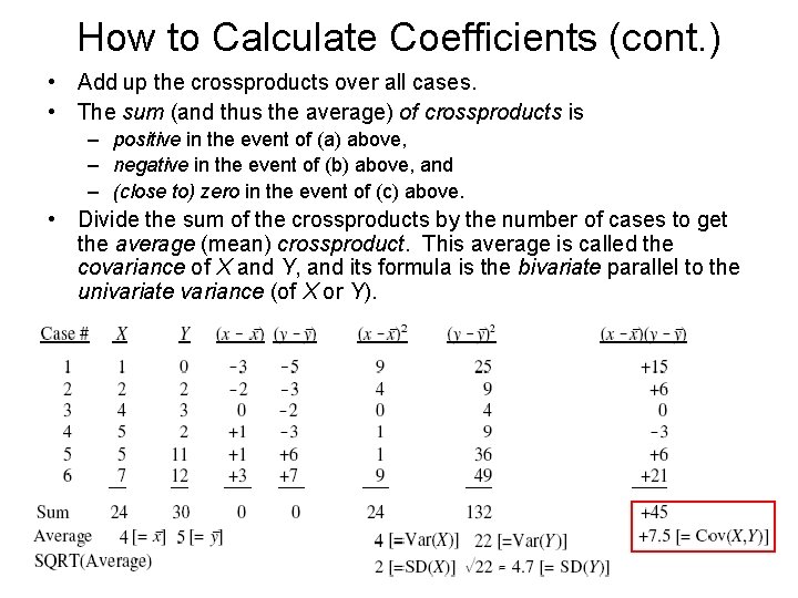 How to Calculate Coefficients (cont. ) • Add up the crossproducts over all cases.